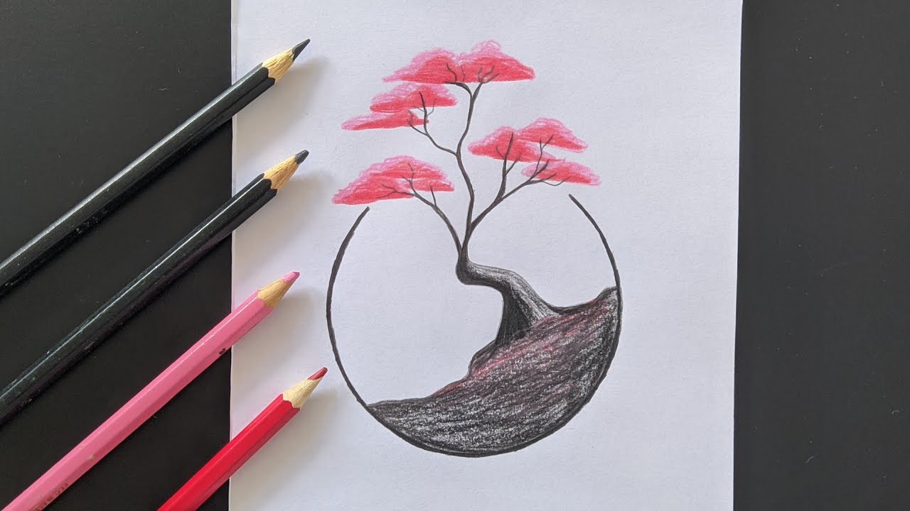 Desenho de Árvore Bonsai no círculo. Desenhos para desenhar