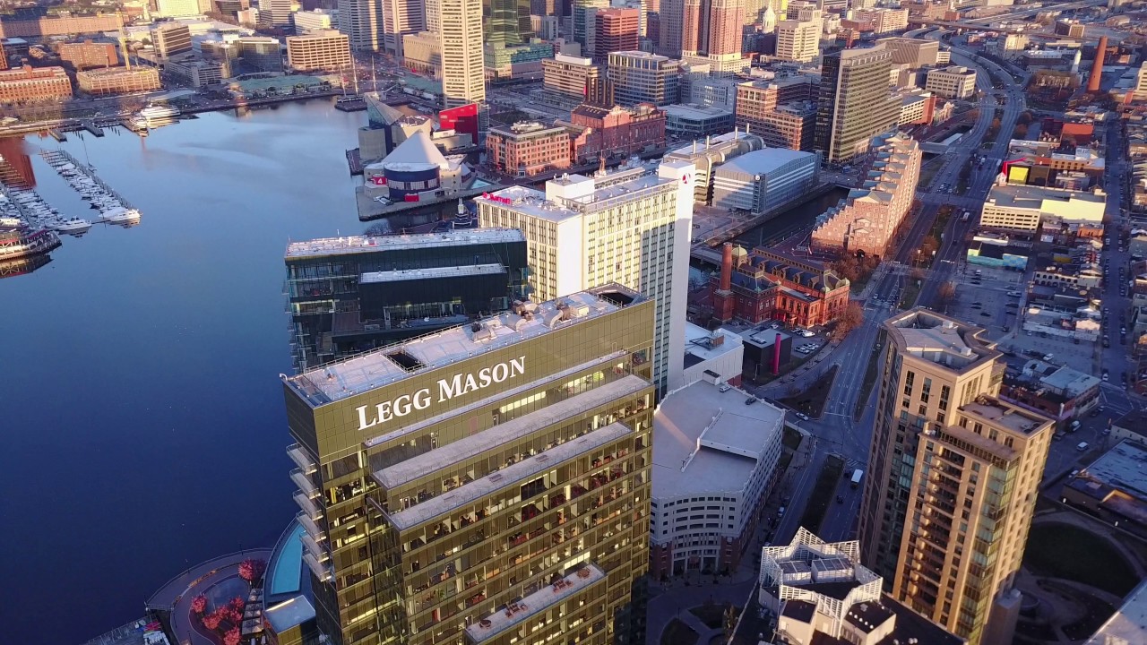 Drone Explores Baltimore's Inner Harbor (4k)