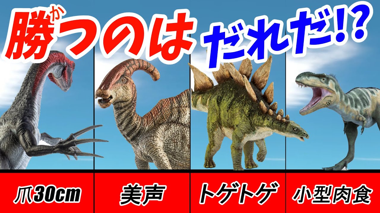 【3D☆恐竜バトルロイヤル！】テリジノサウルスとパラサウロロフスとステゴサウルスとディノニクスが大激突！最後まで目が離せない！