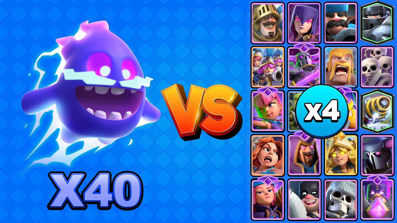 40 ESPIRITUS ELECTRICOS vs TODAS LAS CARTAS X4 | Clash Royale