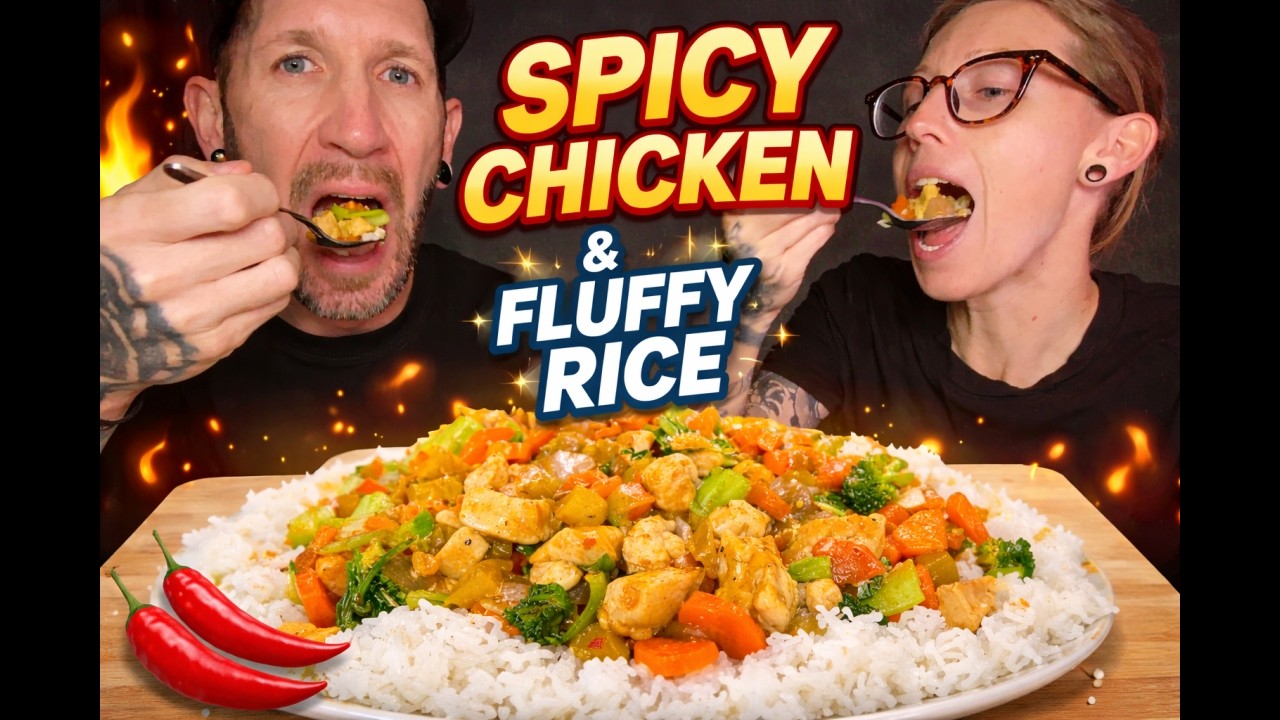 HOMEMADE | SPICY CHICKEN WITH FLUFFY RICE AND VEGETABLES | Couple ASMR Mukbang