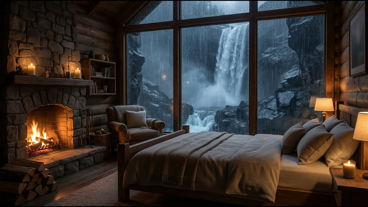 😴 12 HOURS  COZY WATERFALL CABIN:   Stormy Night & Warm Fireplace   for Focus & Relaxation   (No Ad
