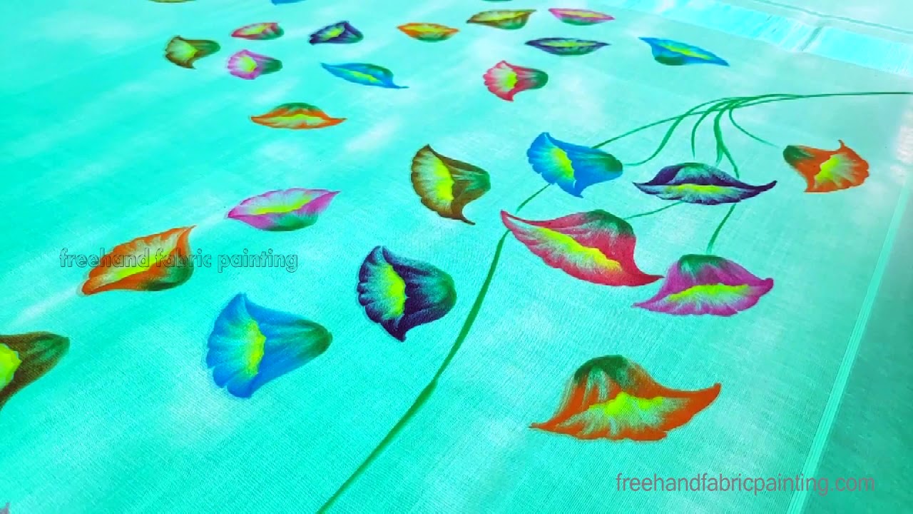10 colors 41 flowers cross Pallu painting design on white silver cotton saree || freehand painting