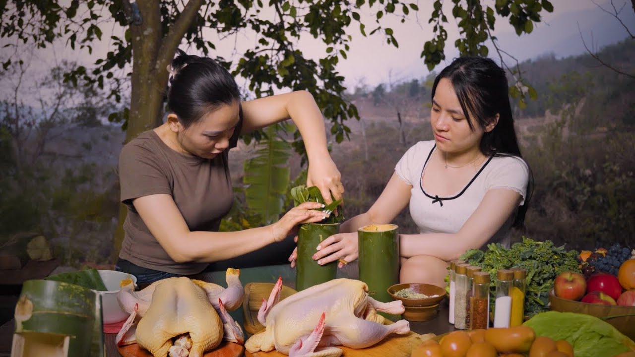 Grilled Chicken in Bamboo Tube | Traditional Countryside Cooking & Rustic Family Meal