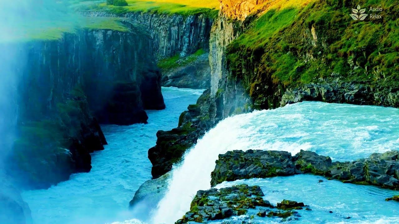Realaxing turquoise river and waterfall in Iceland (10 hours) White noise River. Flowing water.