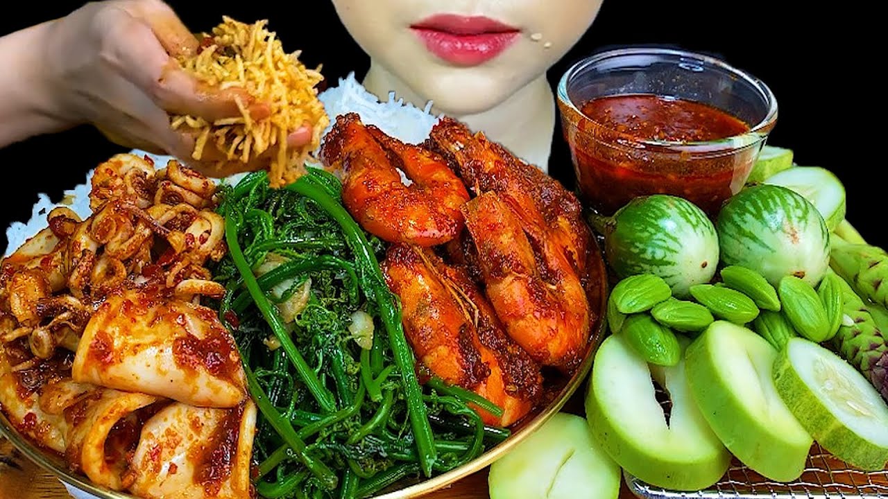 MUKBANG\\SPICY SHRIMP, SPICY SQUID, STIR FRIED CHAYOTE PLANT & WHITE RICE