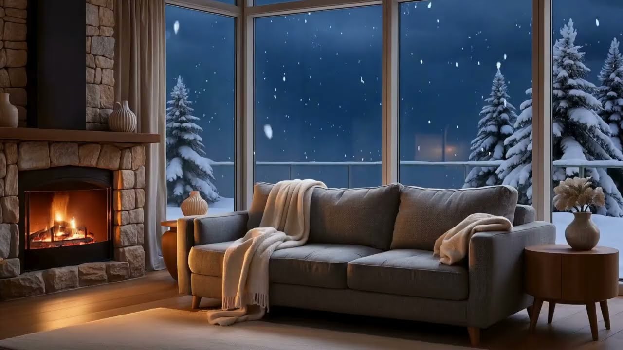 Cozy Winter Living Room | Soft Fireplace Glow & Falling Snow