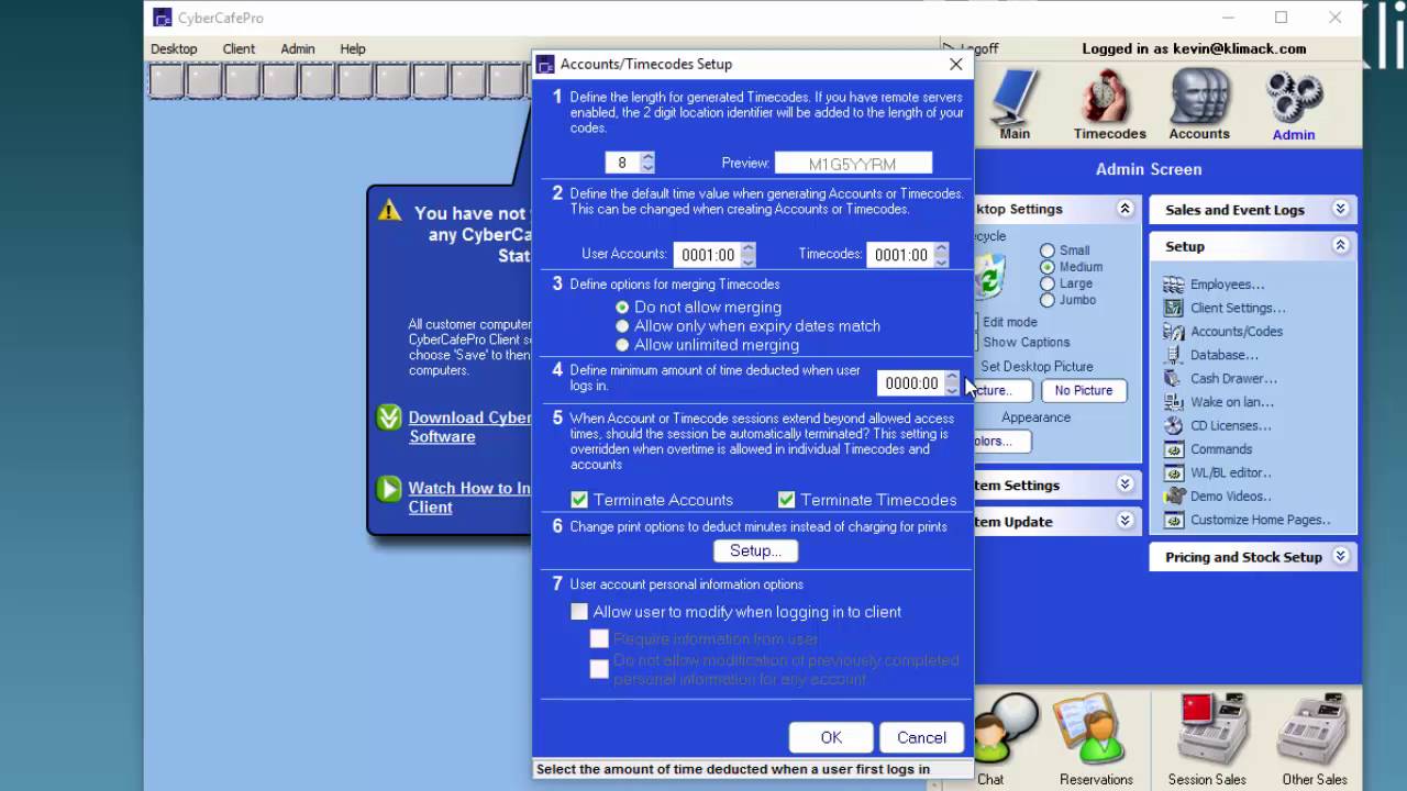 Account / Timecode Setup in CyberCafePro