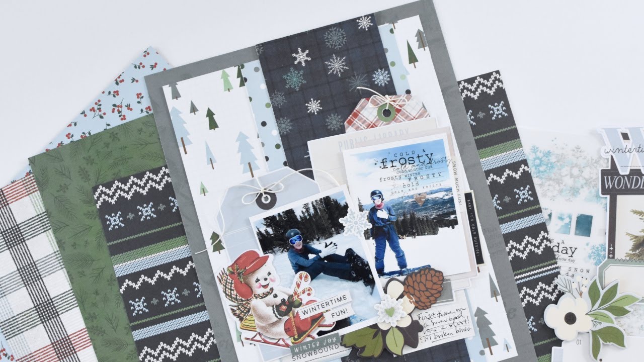 Быстрый и простой зимний скрапбук-макет с несколькими фотографиями: снеговик, деревья и снежинки.