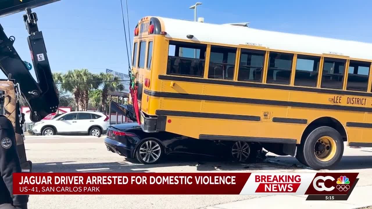 Man who crashed sports car under Lee County school bus arrested hours later for domestic battery