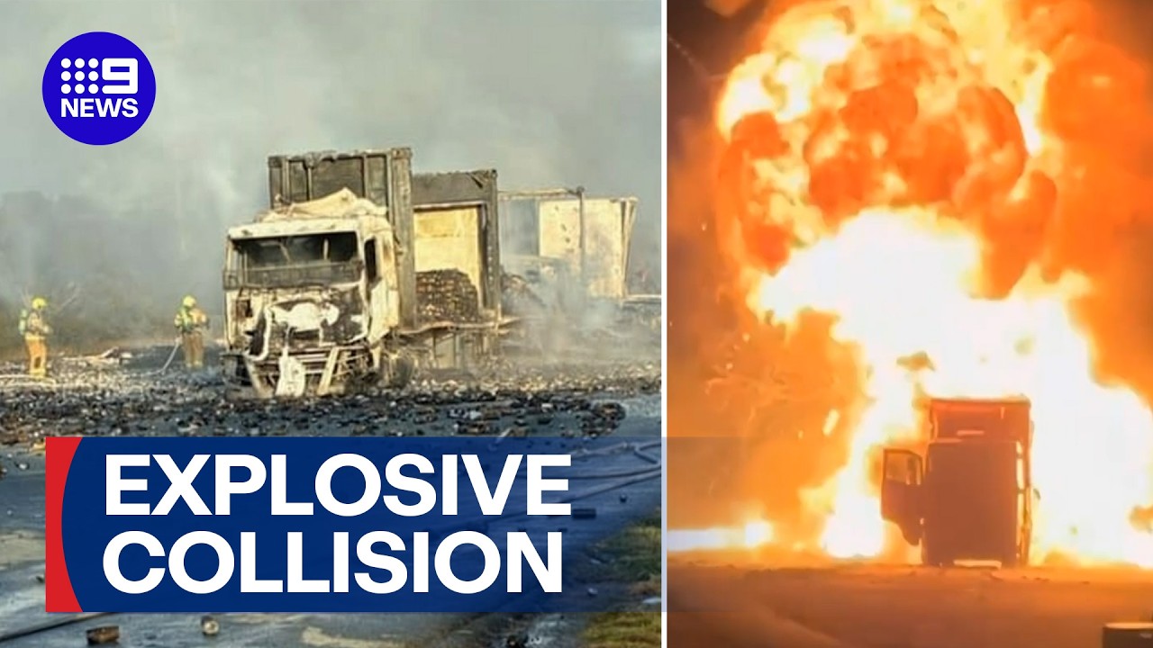 Fiery multi-truck crash on Hume Highway | 9 News Australia