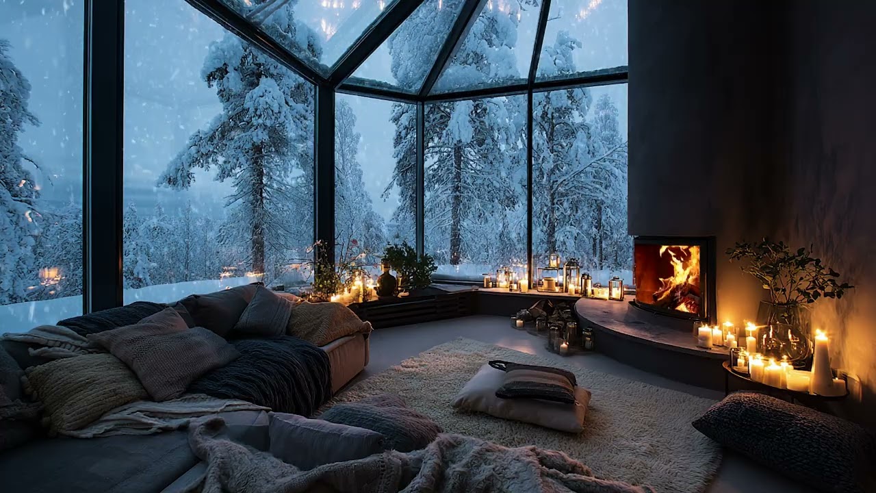 Warming the Heart: Winter Snow Wind Beyond the Window and Gentle Fireplace Crackling Inside