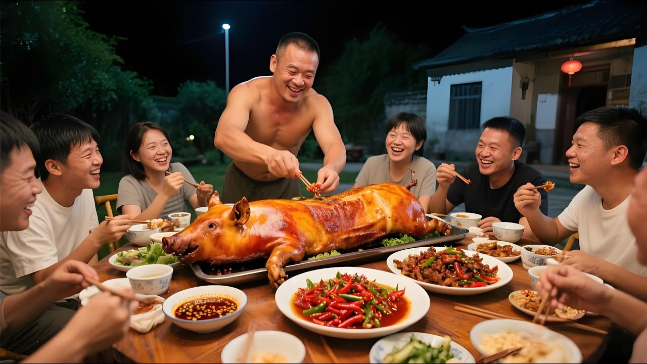 馋哭邻居系列，与朋友分食烤乳猪，金黄焦脆咬着直冒油，肉香飘满整个小院！【孤独的美食咖】