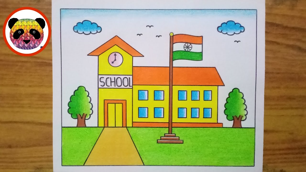 School Scenery Drawing / My School Drawing / How to Draw a School Easy Step By Step