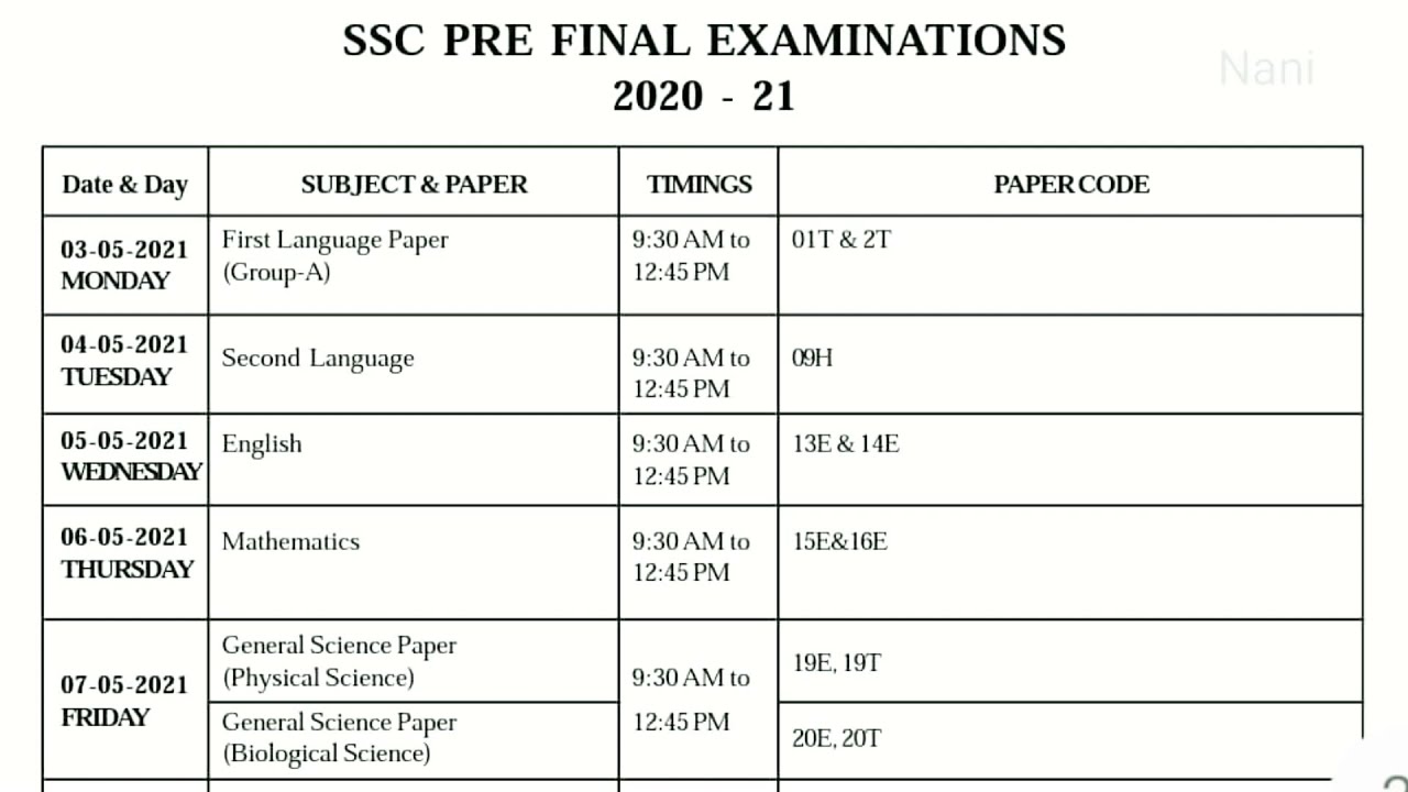 TS SSC PRE-FINAL EXAM TIME TABLE -2020-2021.