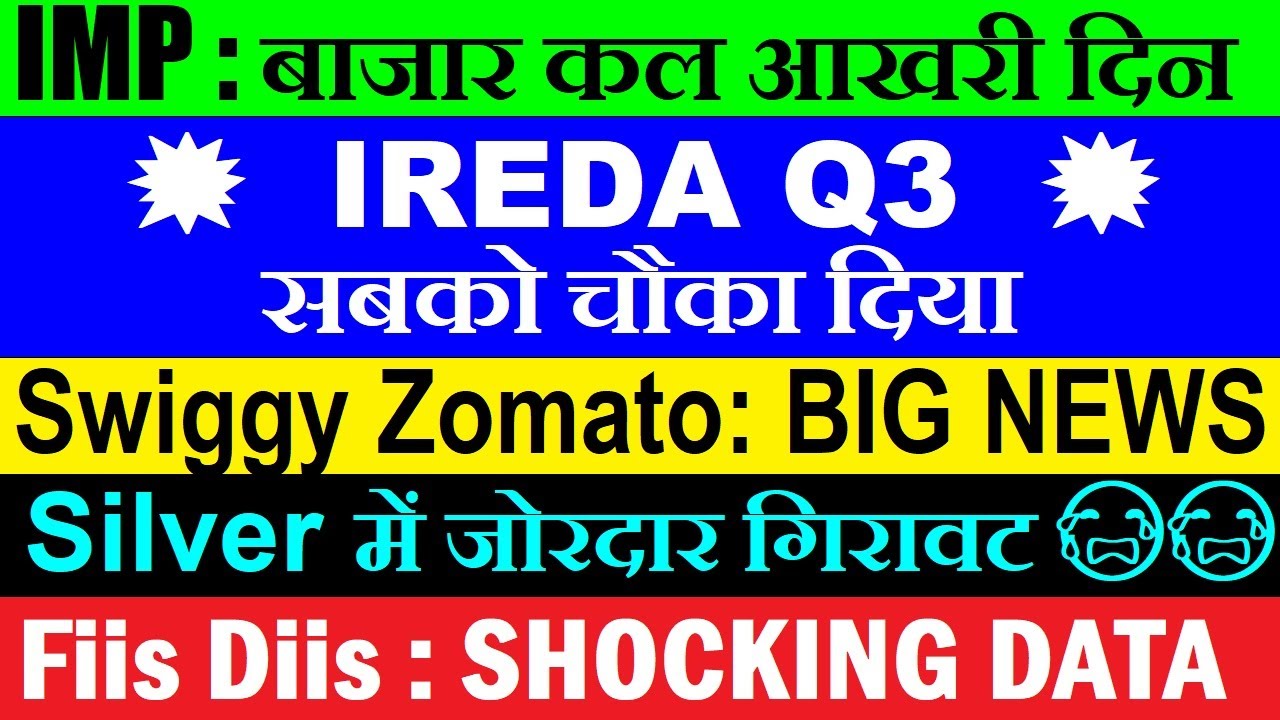 कल बाजार आखरी दिन😮🔴 IREDA Q3 Results Update 🔴 Fiis Diis Data 🔴 Swiggy Zomato Strike 🔴 Silver 🔴 SMKC