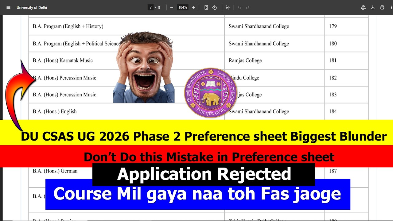 DU CSAS UG 2026 Phase 2 Preference sheet Biggest Blunder | Don&rsquo;t Do this Mistake in Preference sheet
