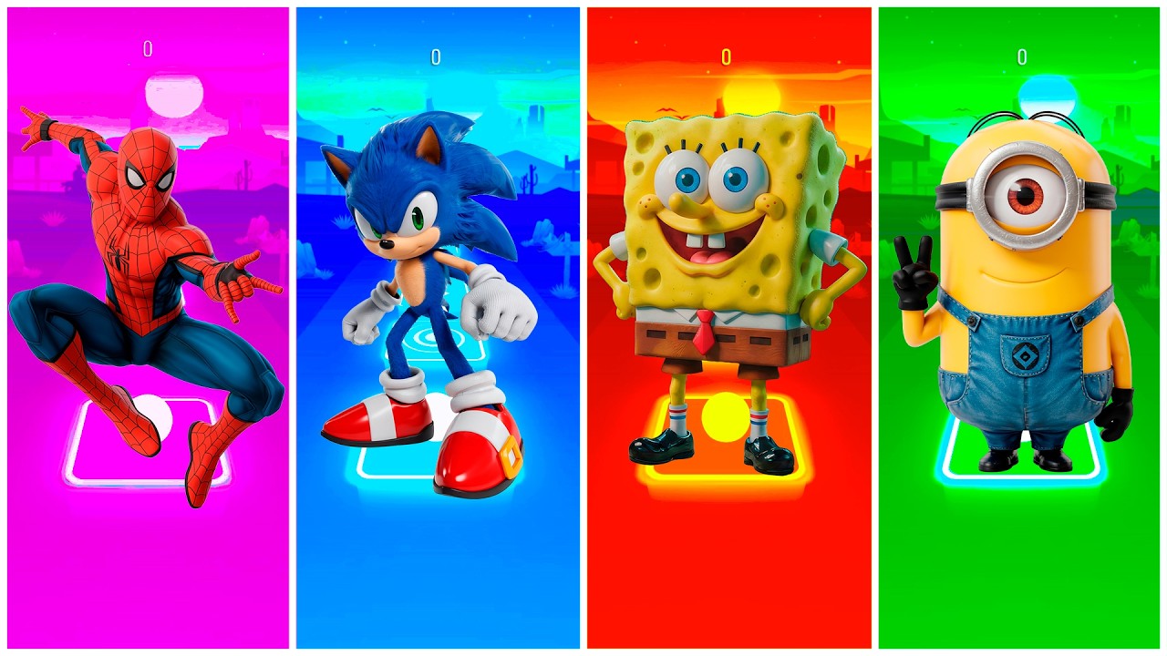 Sonic 🆚 Spidey 🆚 SpongeBob 🆚 Minions in Tiles Hop EDM Rush🎶