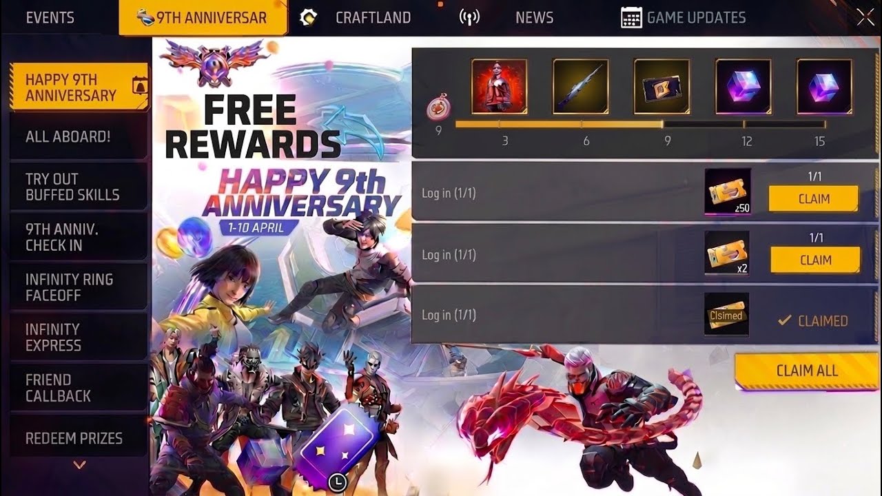 Claim 9th Anniversary Event All Free Rewards 😘 Free Fire 9th Anniversary Event | Free Fire New Event
