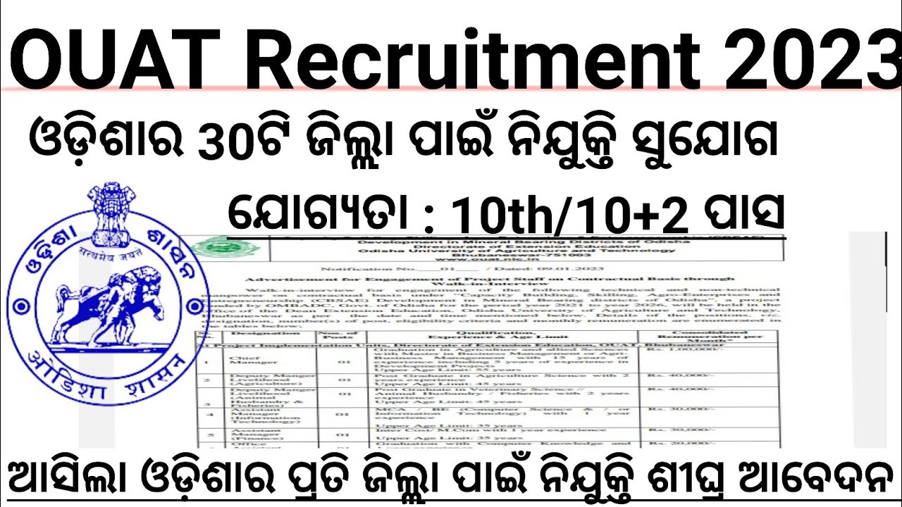 OUAT Recruitment 2023 | Odisha 10th Pass Jobs 2023 | Odisha Job Info