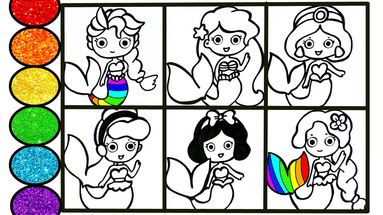 How to draw Disney Princesses as mermaids- Frozen Elsa Ariel Cinderella and others- Glitter Coloring