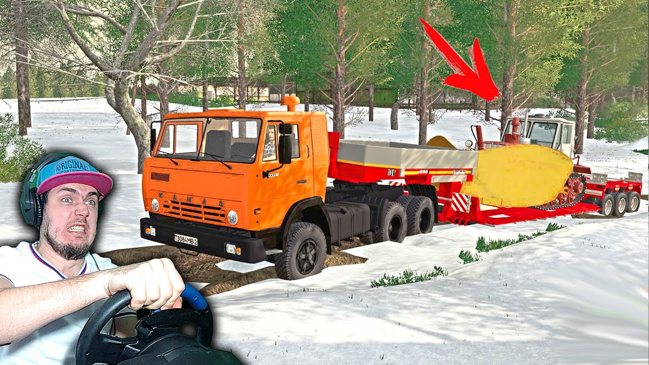 КАМАЗ С ПРИЦЕПОМ БУЛЬДОЗЕРОМ ЗАСТРЯЛ В СНЕГУ - Farming Simulator 19