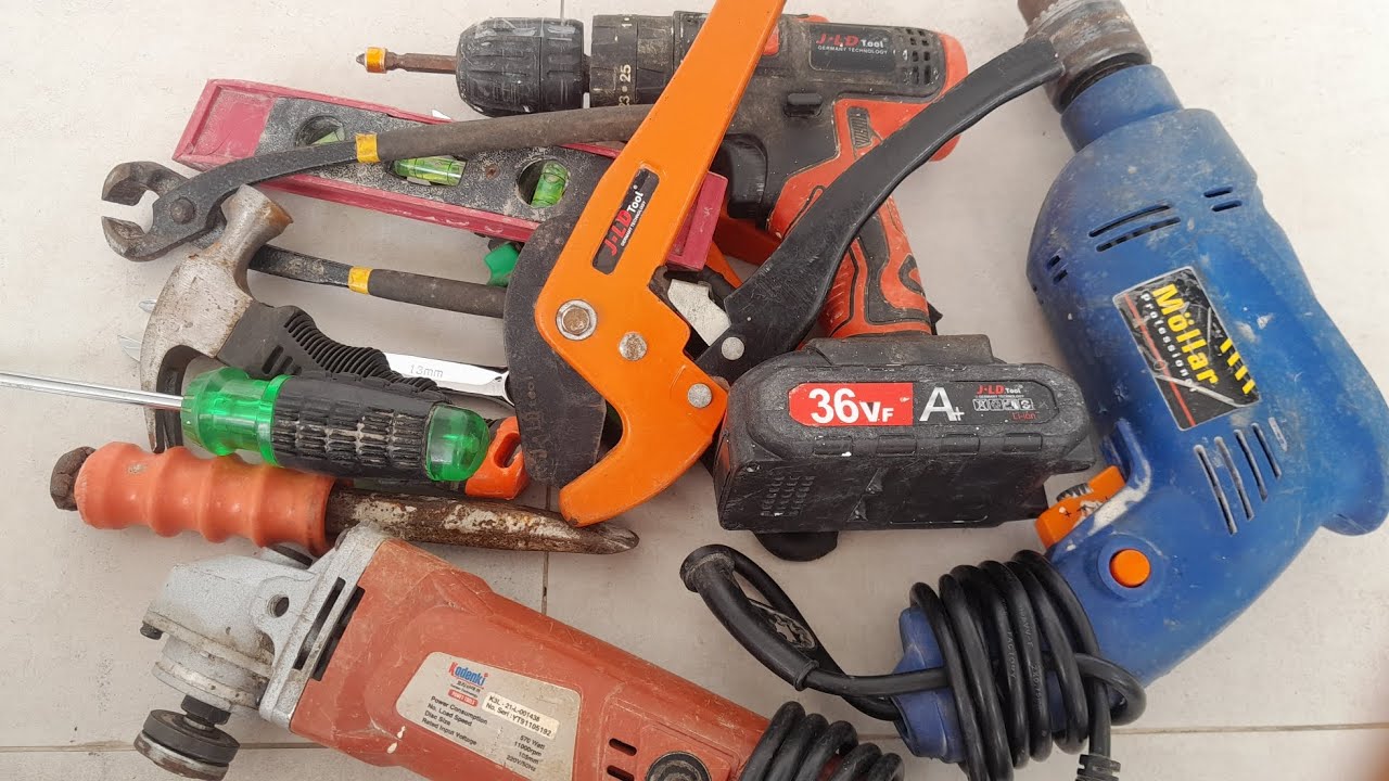 Collection of Repair Tools, Drill, Grinder, Wrench, Screwdriver, Pliers, Saw, Hammer