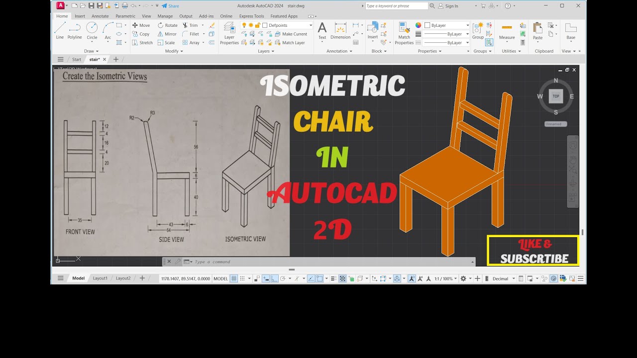 Isometric Drawing in AutoCAD || Isometric Tutorial || Mechanical AutoCAD | CHAIR #chair #3d #2d