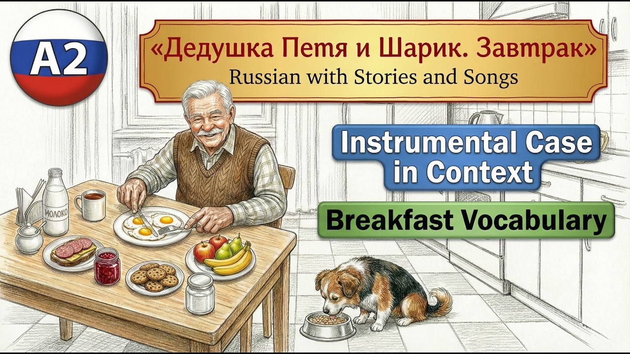 Learn Russian A2 — Дедушка Петя и Шарик. Завтрак 🍳 Easy Story and Song