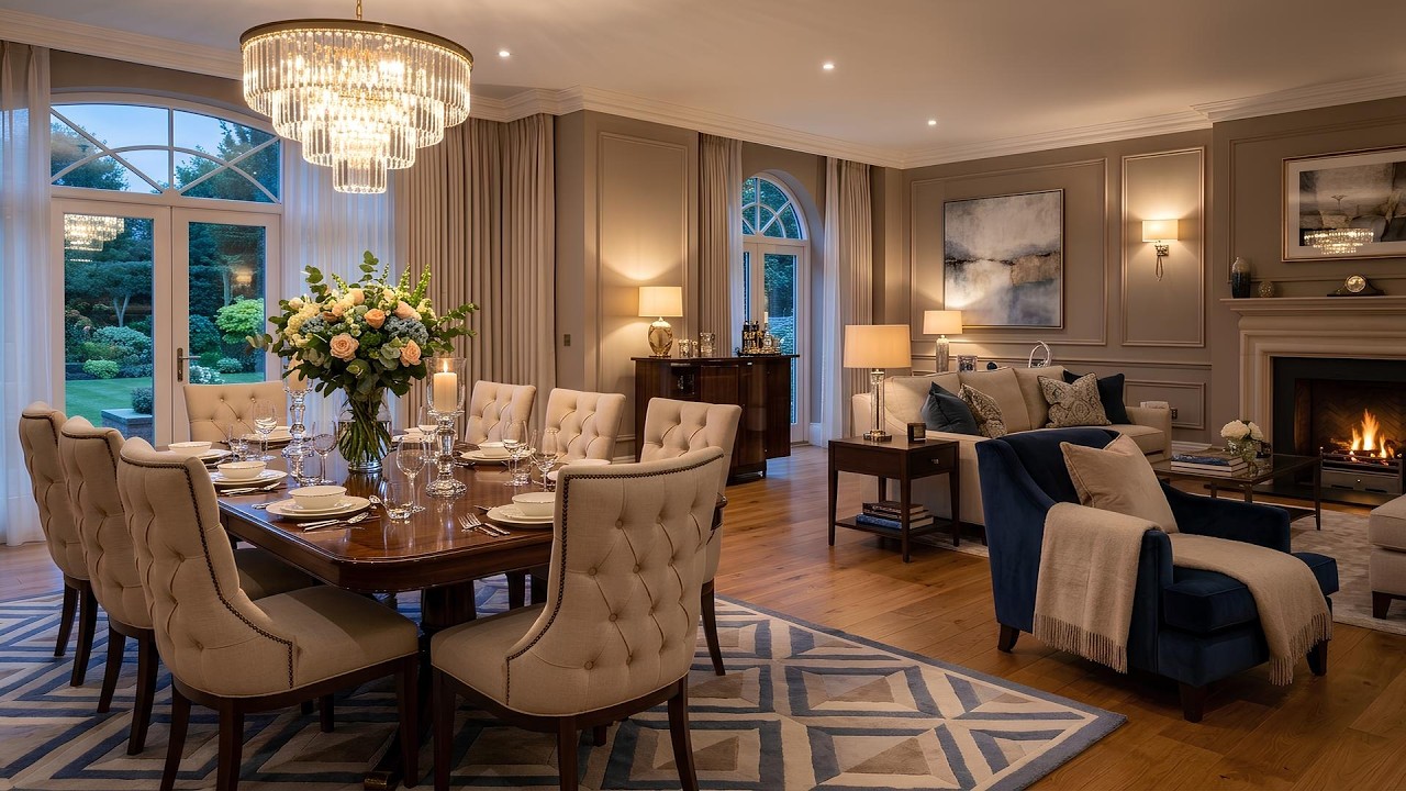 Luxury Open Plan Dining Room And Living Room With Chandelier, Fireplace, Elegant Table Setting And C