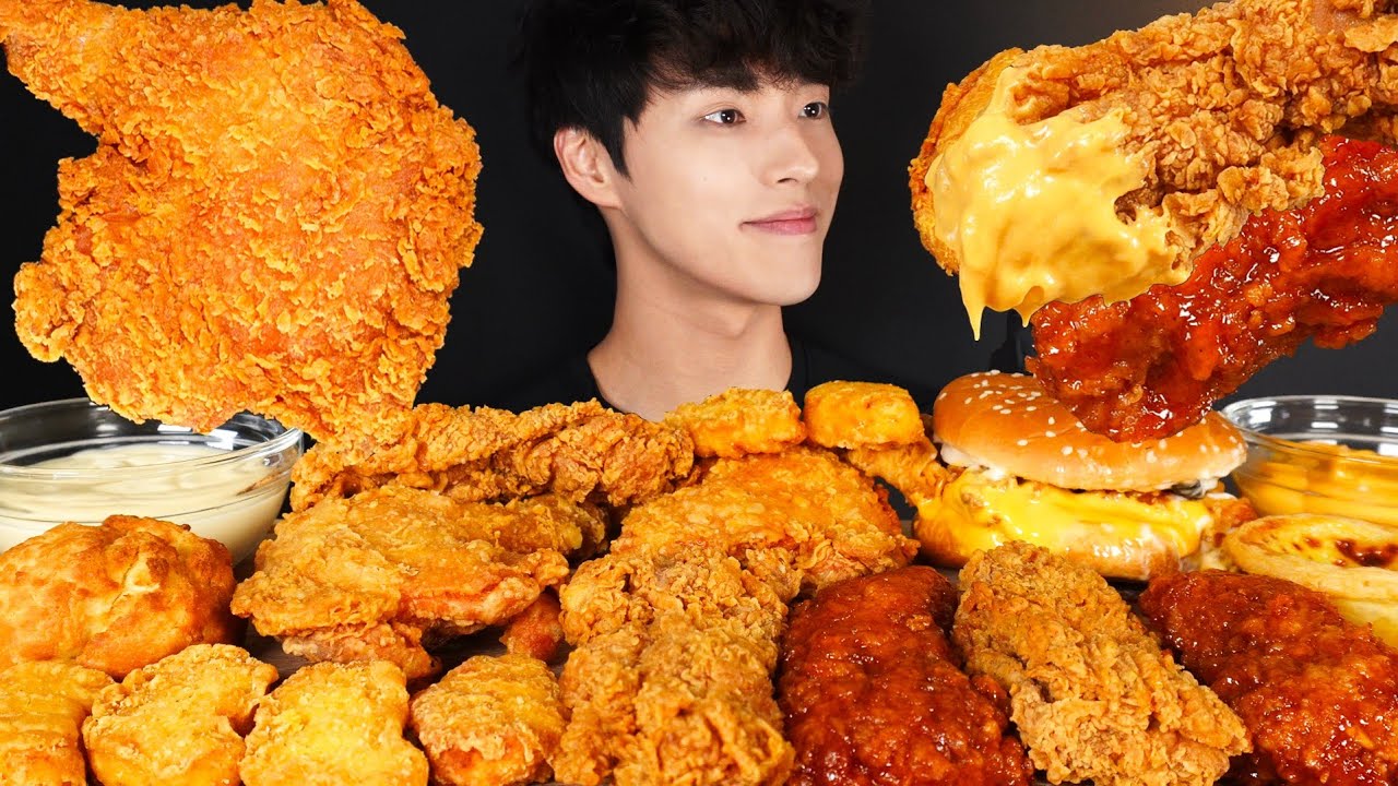 ASMR MUKBANG KFC FRIED CHICKEN & CHEESE CHICKEN BURGER & CHICKEN NUGGETS & EGG TART & BISCUIT