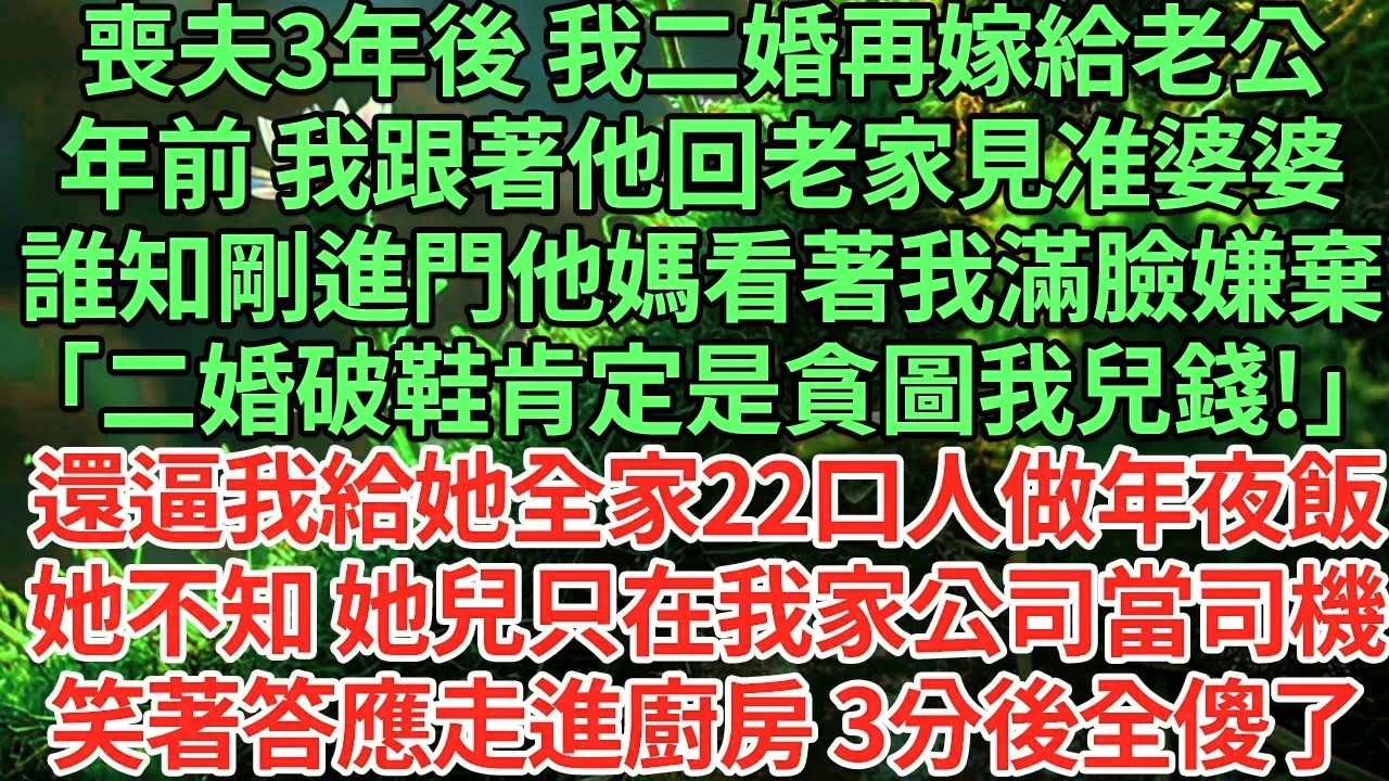喪夫3年後 我二婚再嫁給老公,年前 我跟著他回老家見准婆婆,誰知剛進門他媽看著我滿臉嫌棄「二婚破鞋肯定是貪圖我兒錢!」還逼我給她全家22口人做年夜飯她不知 她兒只在我家公司當司機#為人處世#養老#中年