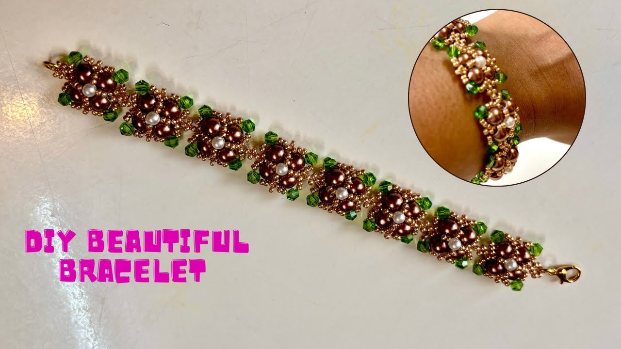 Handmade Floral Beaded Bracelet | DIY Pearl & Green Crystal Beaded Bracelet|Handmade beaded bracelet