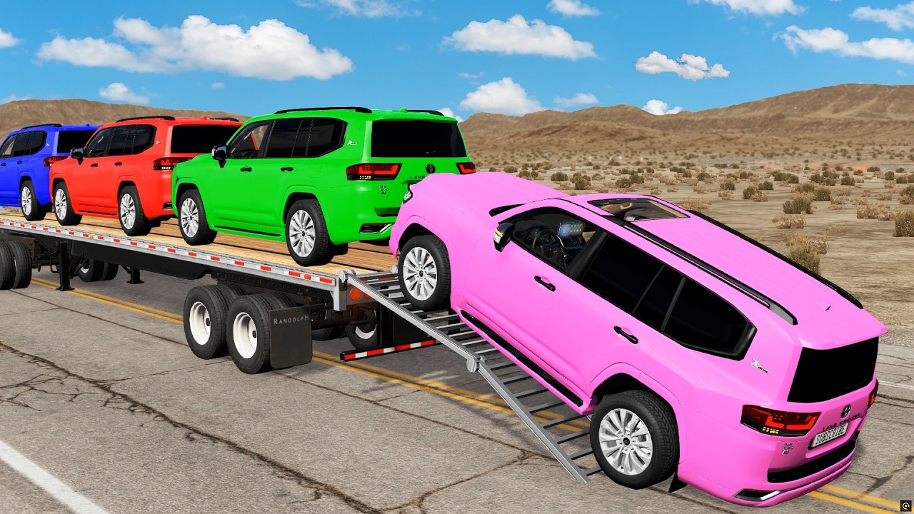 Triple Flatbed Trailer McQueen Transportation with Truck - Speedbumps vs Cars vs Train - BeamNG #19