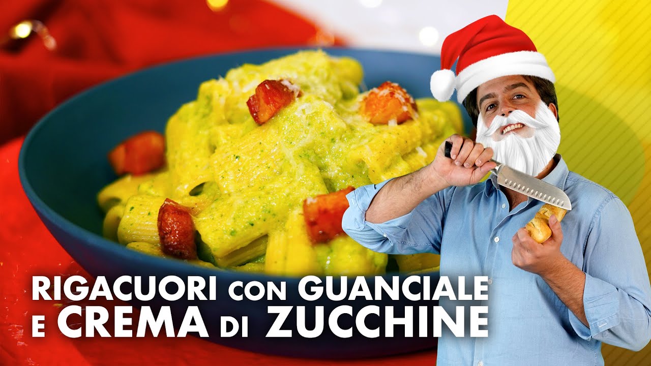 Rigacuori con crema di zucchine, pecorino e pancetta croccante