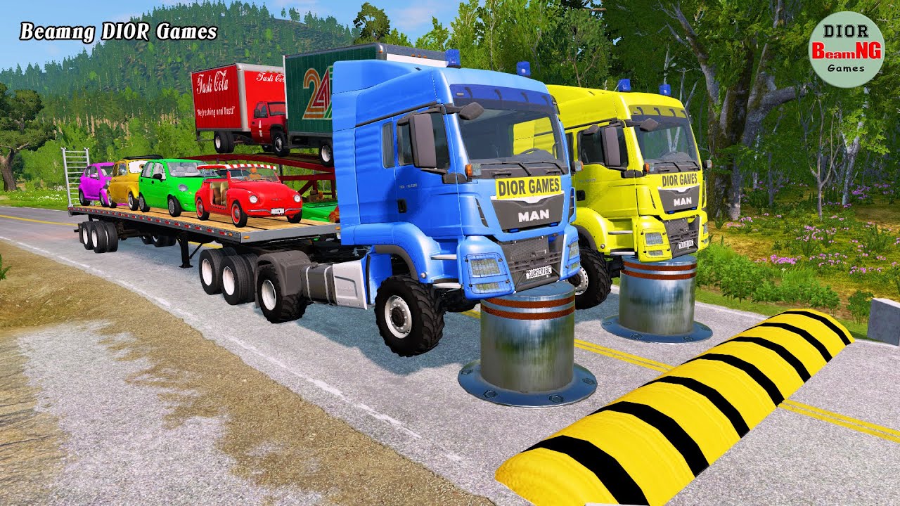 Double Flatbed Trailer Truck cars vs rails tractor vs train cars vs bollards Beamng Drive 433