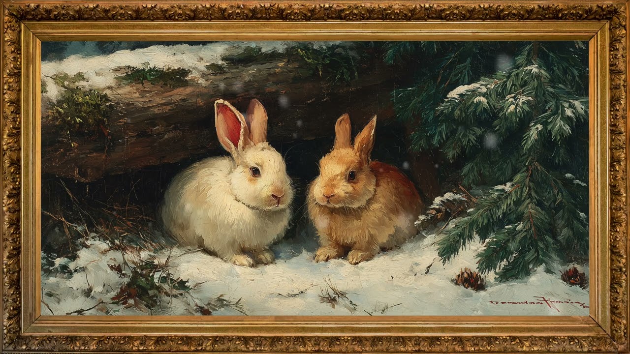Vintage Baby bunny video tv screensaver | Winter mood frame tv art with music 4K