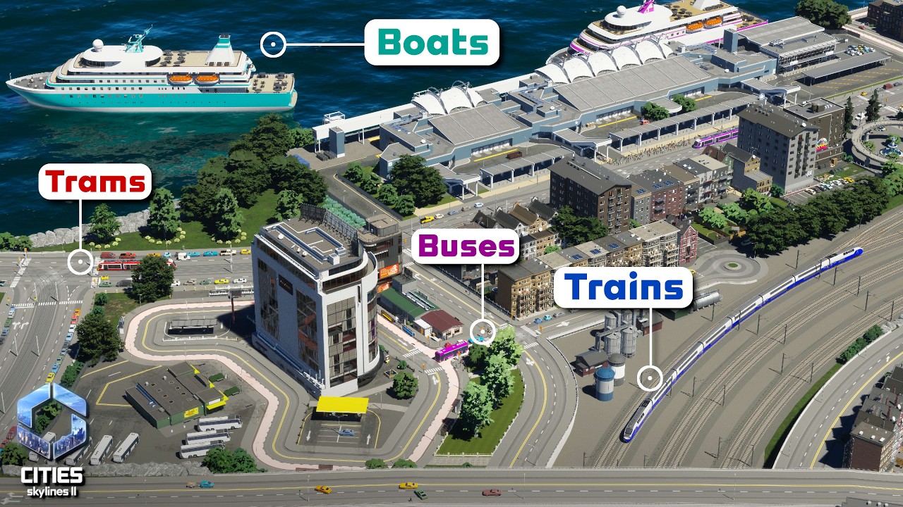 Перемещение 50 000 человек с помощью трамваев, автобусов и поездов в Cities Skylines II [Coral Re...
