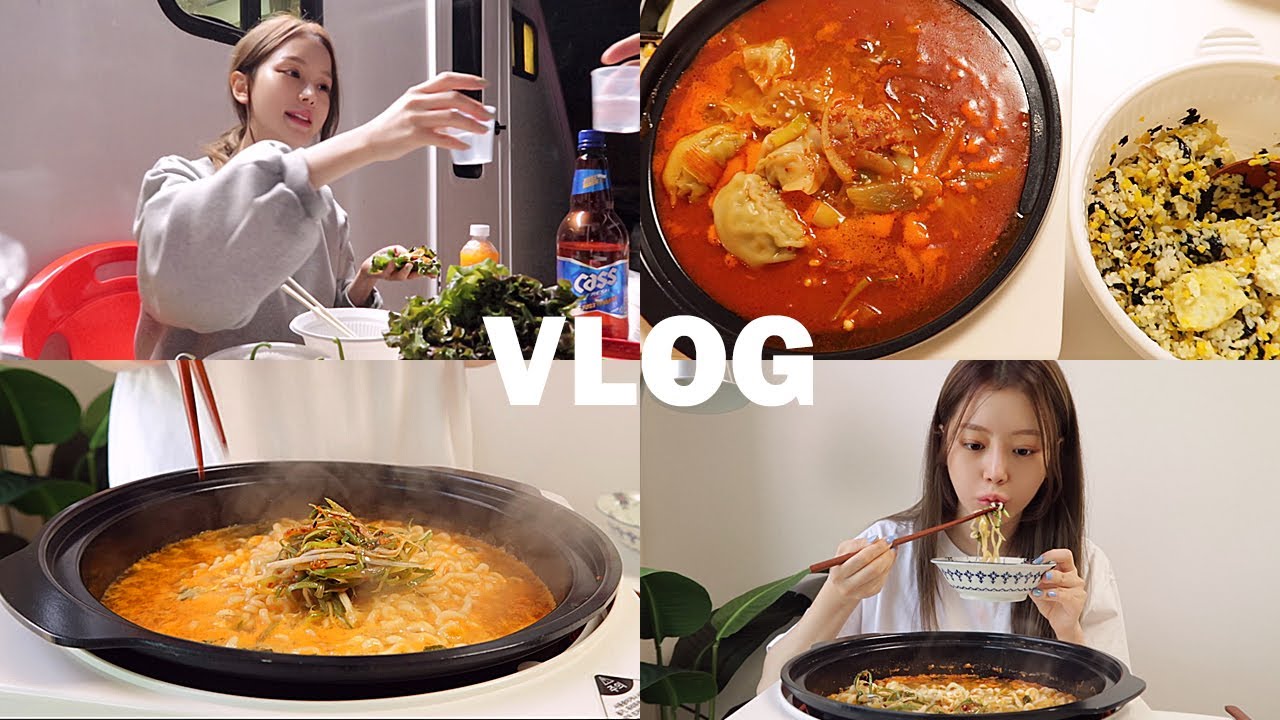 [자취생브이로그] 매일이 치팅데이 (파절이 라면/얼큰 만두국/간장계란밥/오겹살/카라반 글램핑/돼지김치찌개/연어+육회/회/갈치조림)