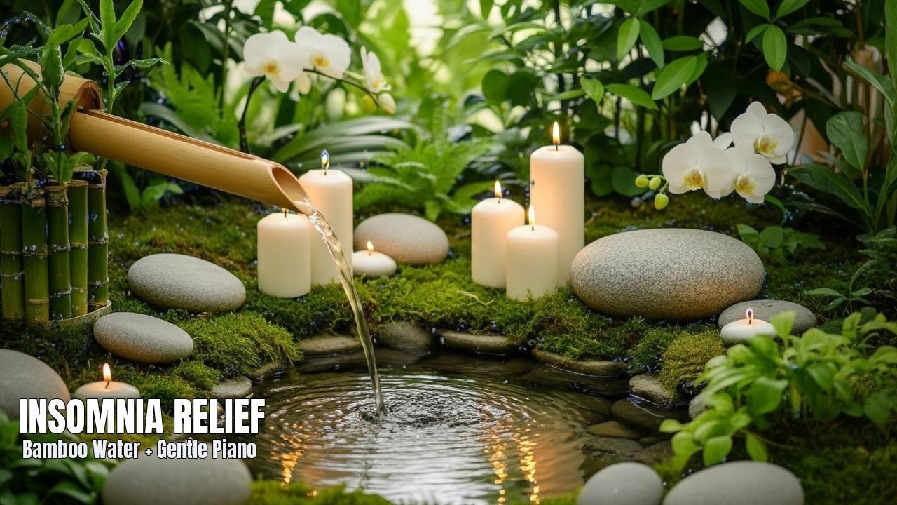 Insomnia Relief: Bamboo Fountain Sounds + Gentle Piano (No Talking) • Live Soundscape
