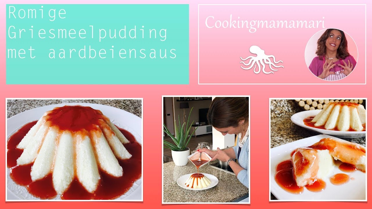 Volle romige griesmeelpudding met aardbeiensaus!