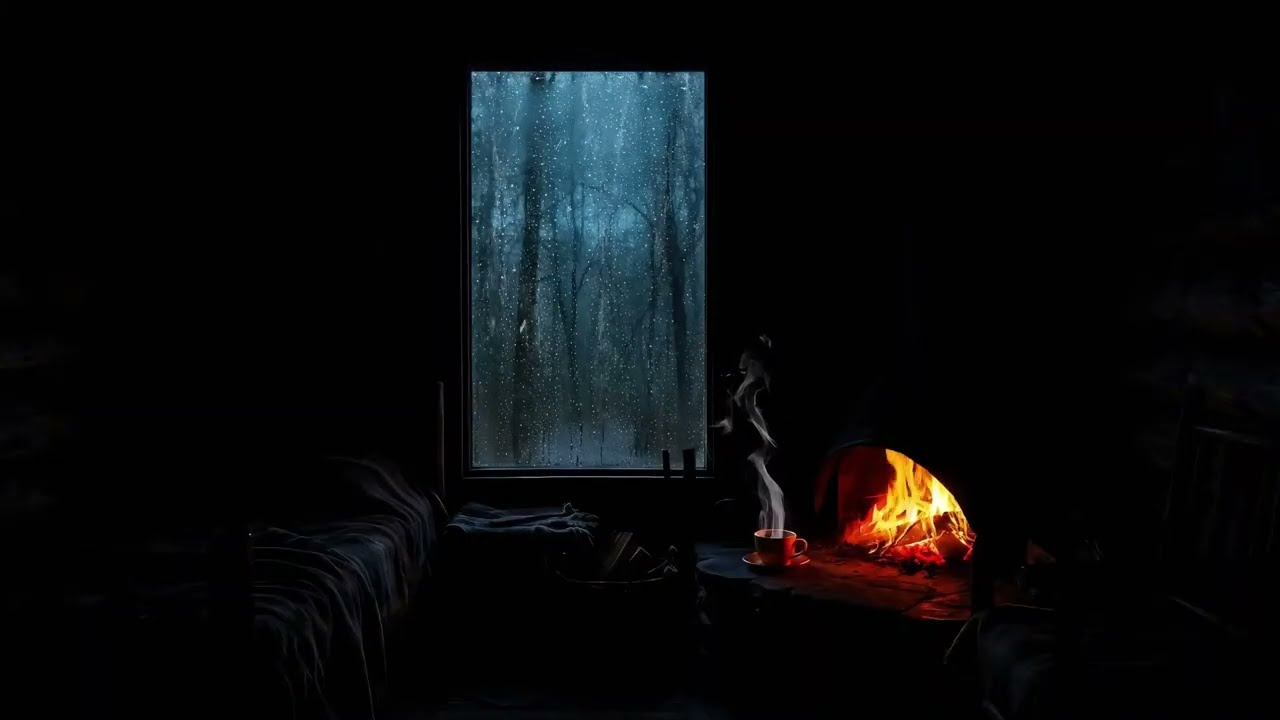 Rain Falling Outside a Quiet Cabin Window with Fireplace Glow, For Deep Sleep & Night Relaxation