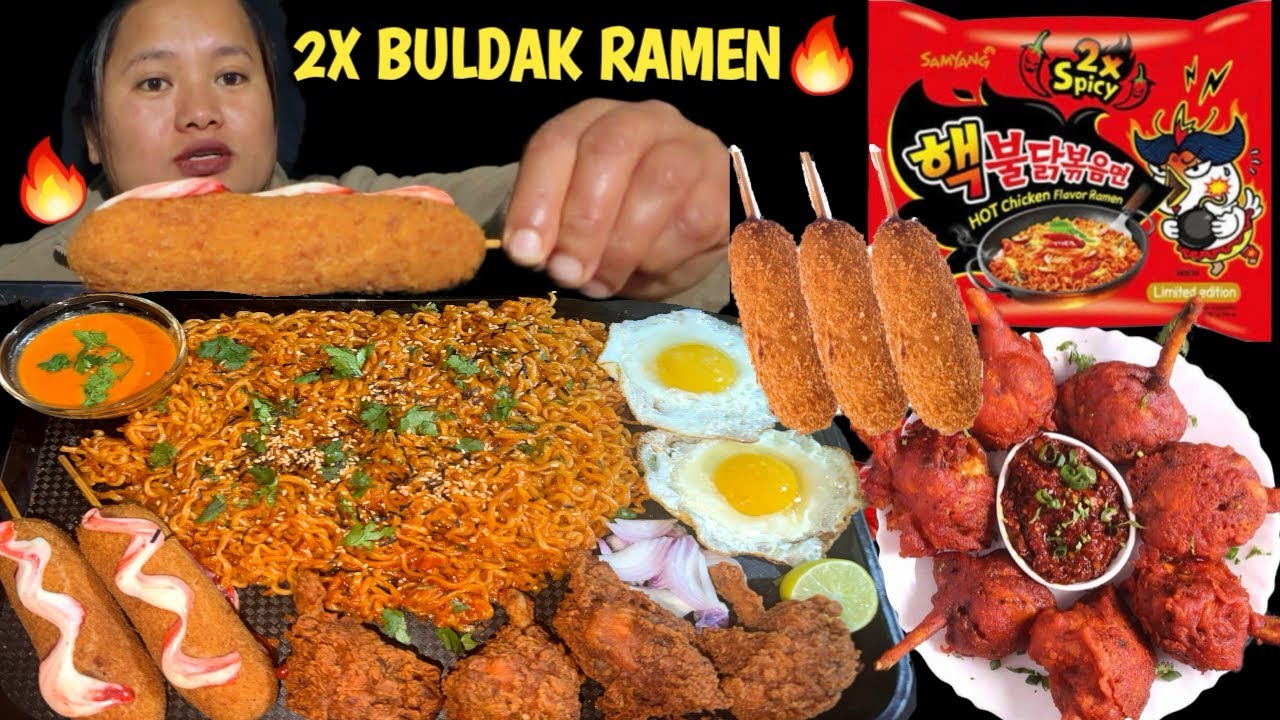 Eating🔥2X Spicy Buldak Ramen Noodles with corndog, sunnyside egg, chicken looly |karunagrgshrestha