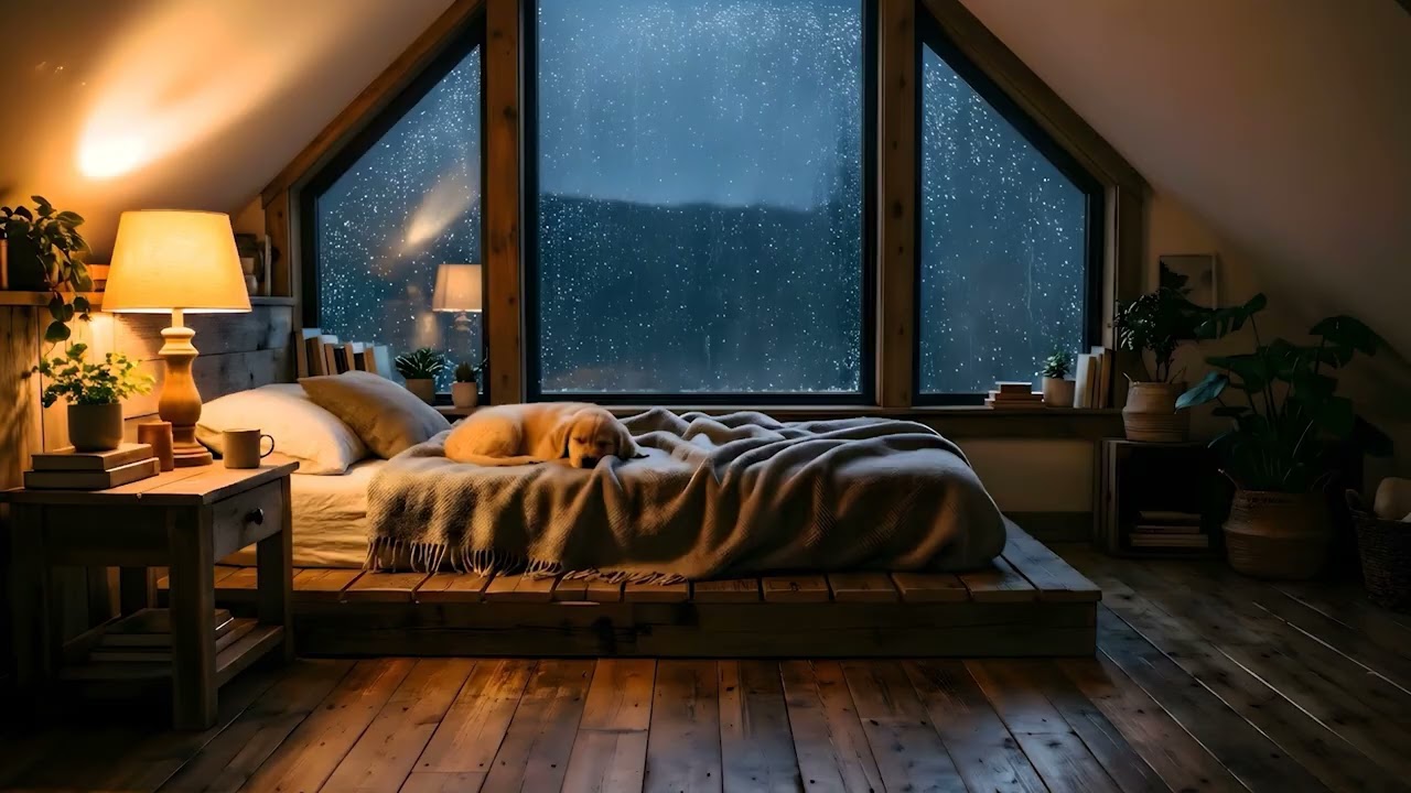 Cozy Rainy Night Cabin 🌙 Sleeping Dog & Window Rain | 8H Relax ASMR