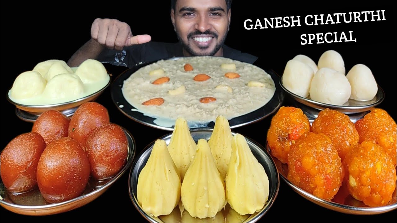 Eating Indian Sweet Rasgulla, Gulab Jamun, Kheer, Rasmalai, Modak & Bundi Laddu Asmr