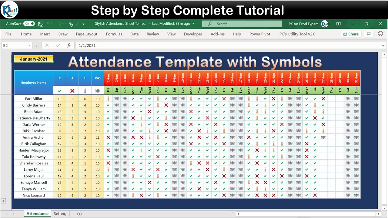 Stylish Attendance Tracker with Symbols in Excel