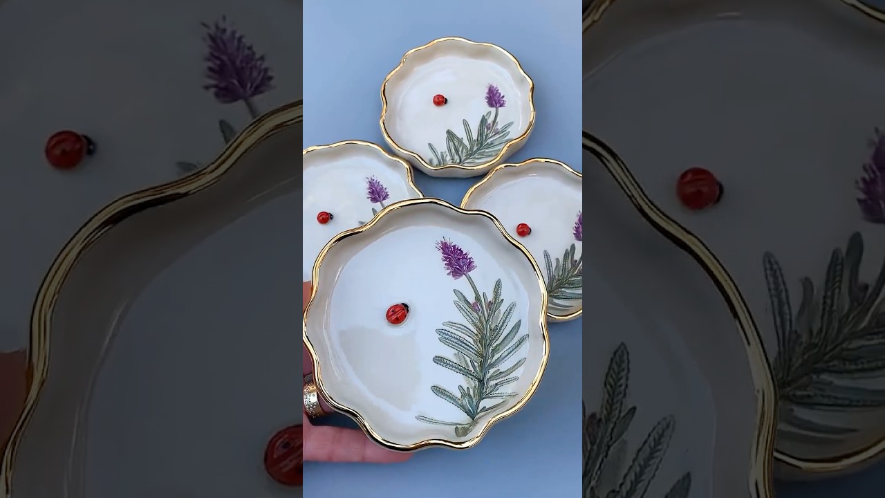 How I press a lavender flower in clay to create a ceramic dish with a ladybug #satisfying #pottery