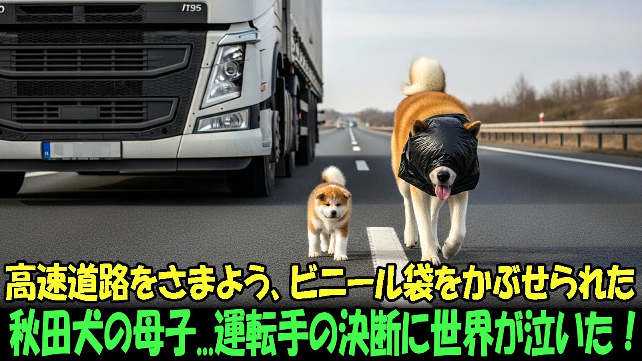 【奇跡の実話】ビニール袋をかぶせられた秋田犬の母犬と子犬が高速道路をさまよっていた…そのとき、トラック運転手が取った行動に、見る者は涙を流した！