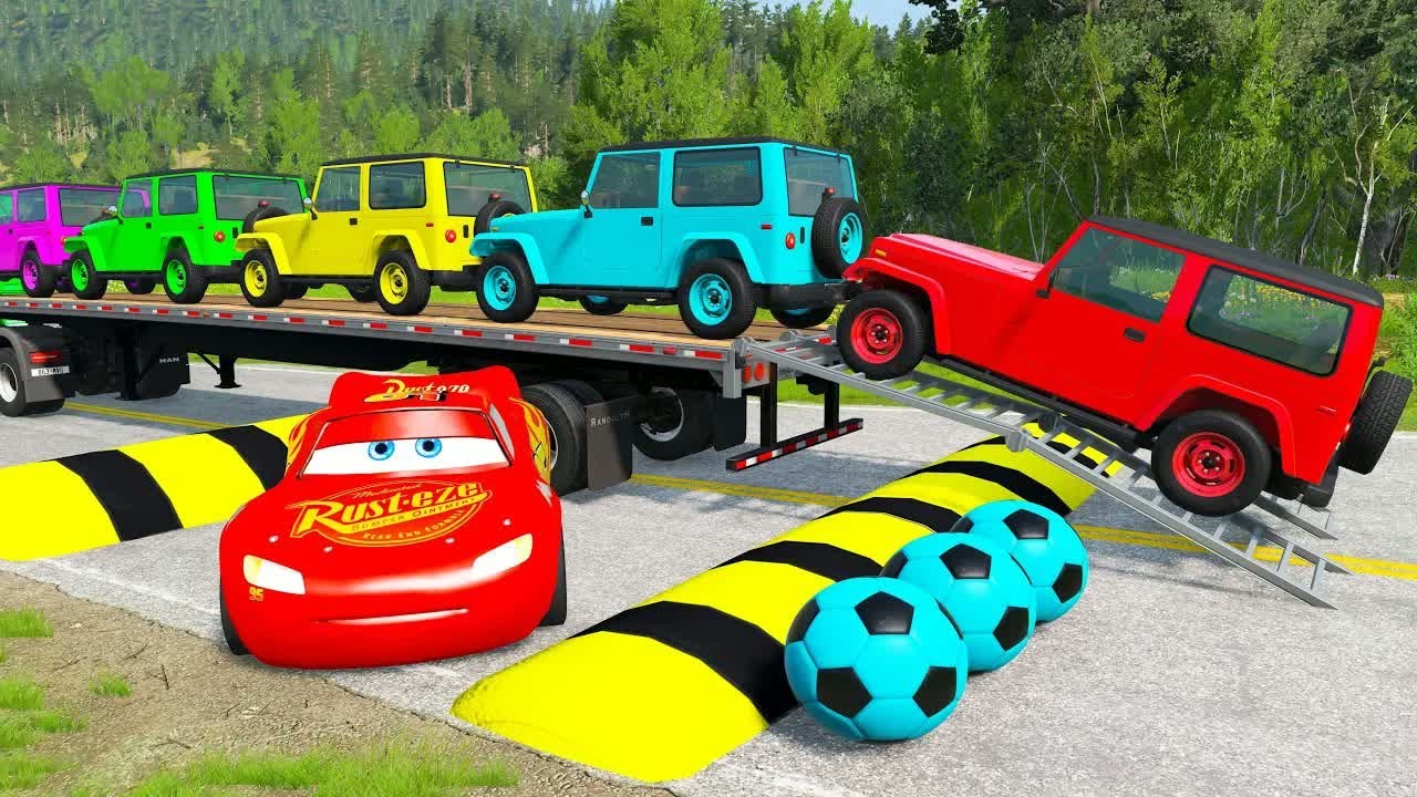 Flatbed Truck Mcqueen | Transportation with Truck - Pothole vs Car #100 - BeamNG.Drive