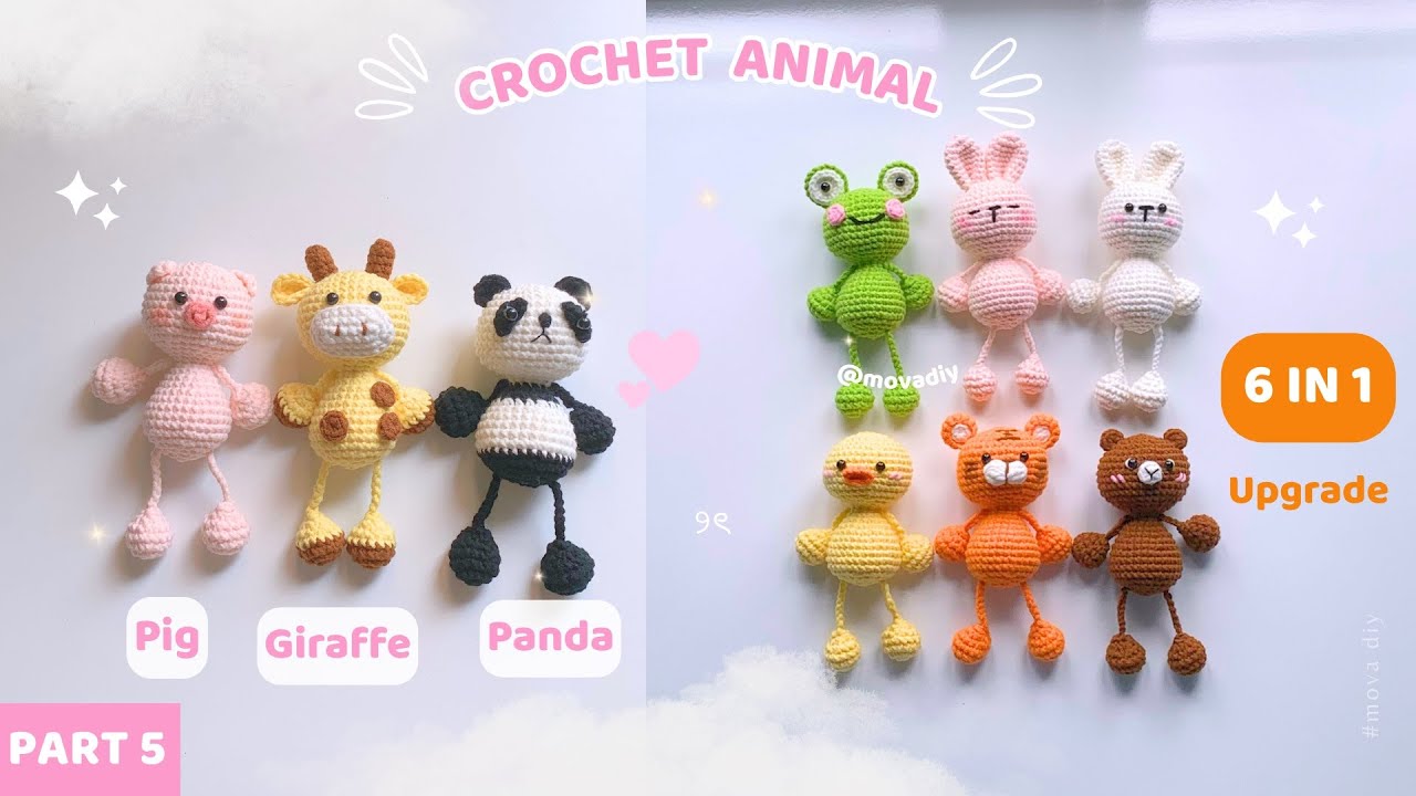 [PART 5]  Crochet 6 in 1 (Upgrade) long limbed animals keychain 🐷🦒🐼  - Pig, Giraffe, Panda | Mova